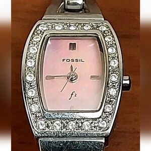 Fossil F-2 Womens Small/kids Watch Silver Tone Pink Mother Of Pearl Dial ES-9722